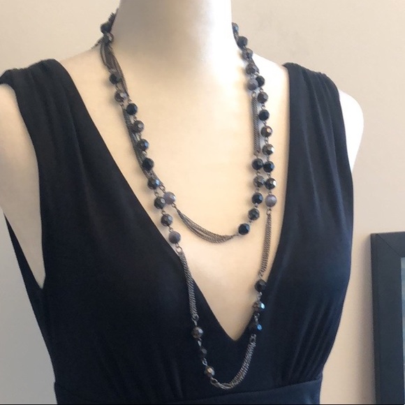 Express Jewelry - Express Black/Grey/Silver Beaded Double-Strand Drapey Metal Chain Necklace